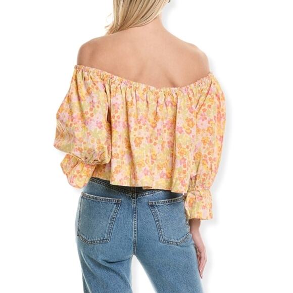 Free People Smocked Crop Top Off Shoulder Floral Button Front Multicolor W S NWT - Picture 5 of 11